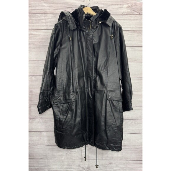 Veranesi Women's Genuine Leather Coat 28W Plus Black Faux Fur Lined Hood Parka - Picture 4 of 16